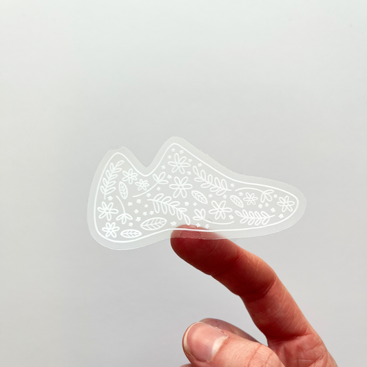 Clear floral running shoe sticker filled with white flowers and leaves