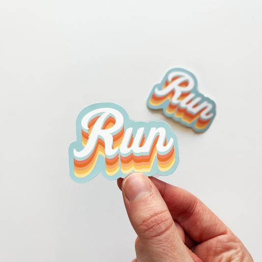 Retro looking run sticker with white text and the same text repeating in blue, peach, orange and shades of yellow