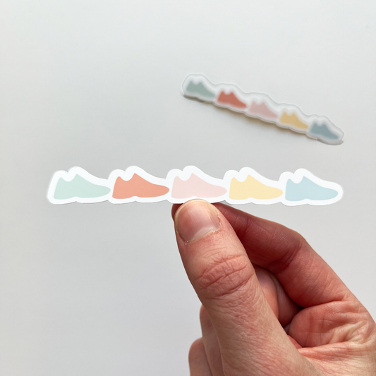 Pastel Runner Shoe Sticker with 5 shoes in a line in colors of teal, peach, pink, yellow and blue