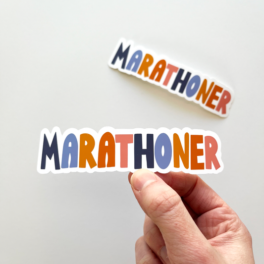 Colorful marathoner sticker in shades of dark blue, blue, orange, peach and navy
