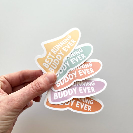 Set of 5 best running buddy ever stickers each in the shape of a running shoe. Comes with yellow, teal, peach, purple and orange shoe