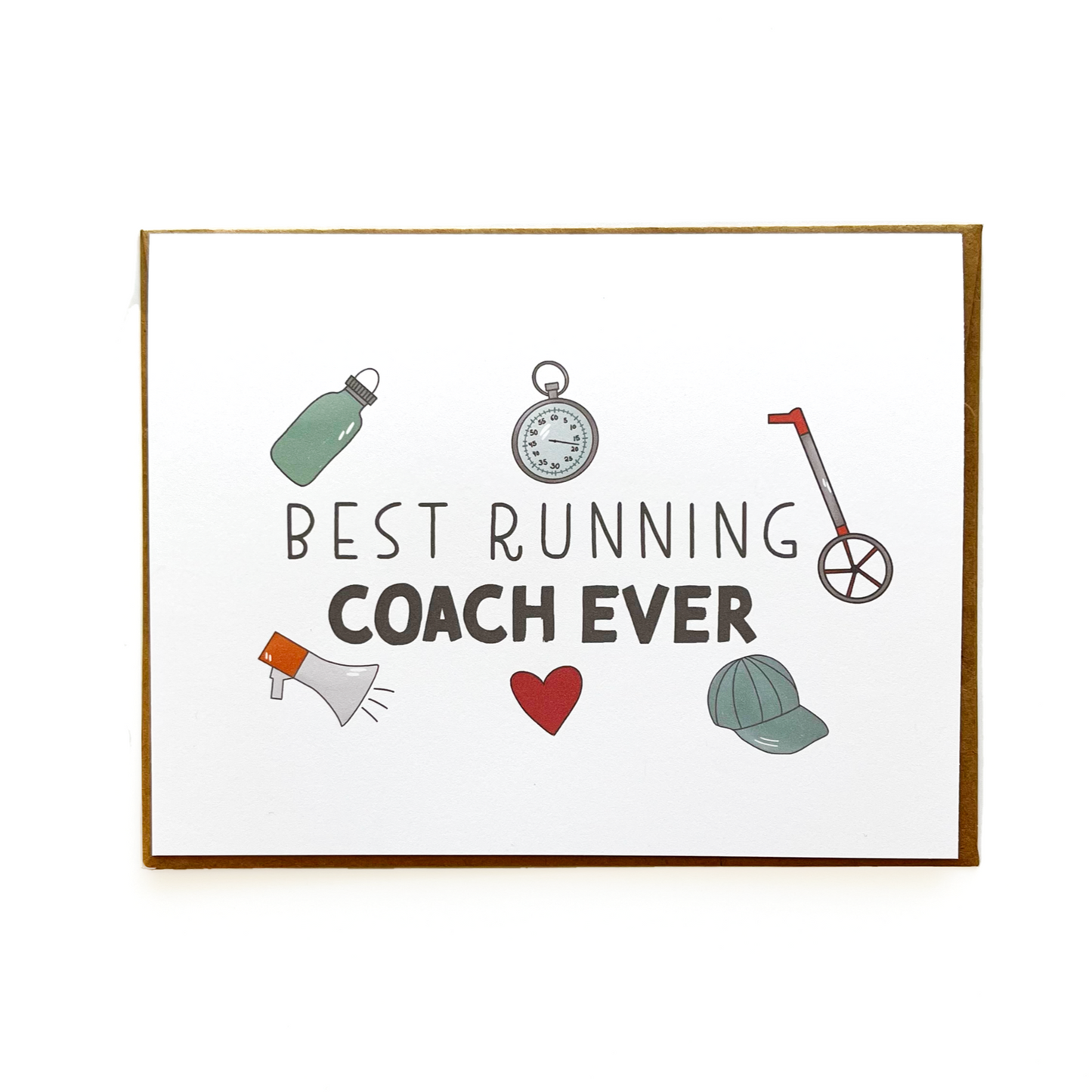 Best Running Coach Ever Card. Shows running doodles like measuring stick, stop watch, water bottle, heart, hat, and megaphone.