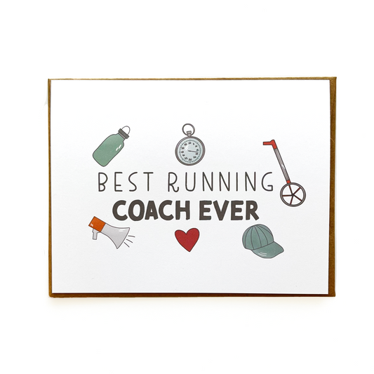 Best Running Coach Ever Card. Shows running doodles like measuring stick, stop watch, water bottle, heart, hat, and megaphone.