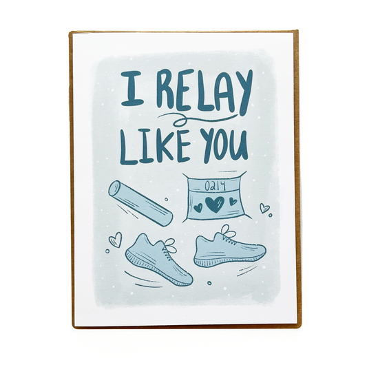 I Relay Like You Card in shades of blue. Features a running bib, running shoes and a relay baton.