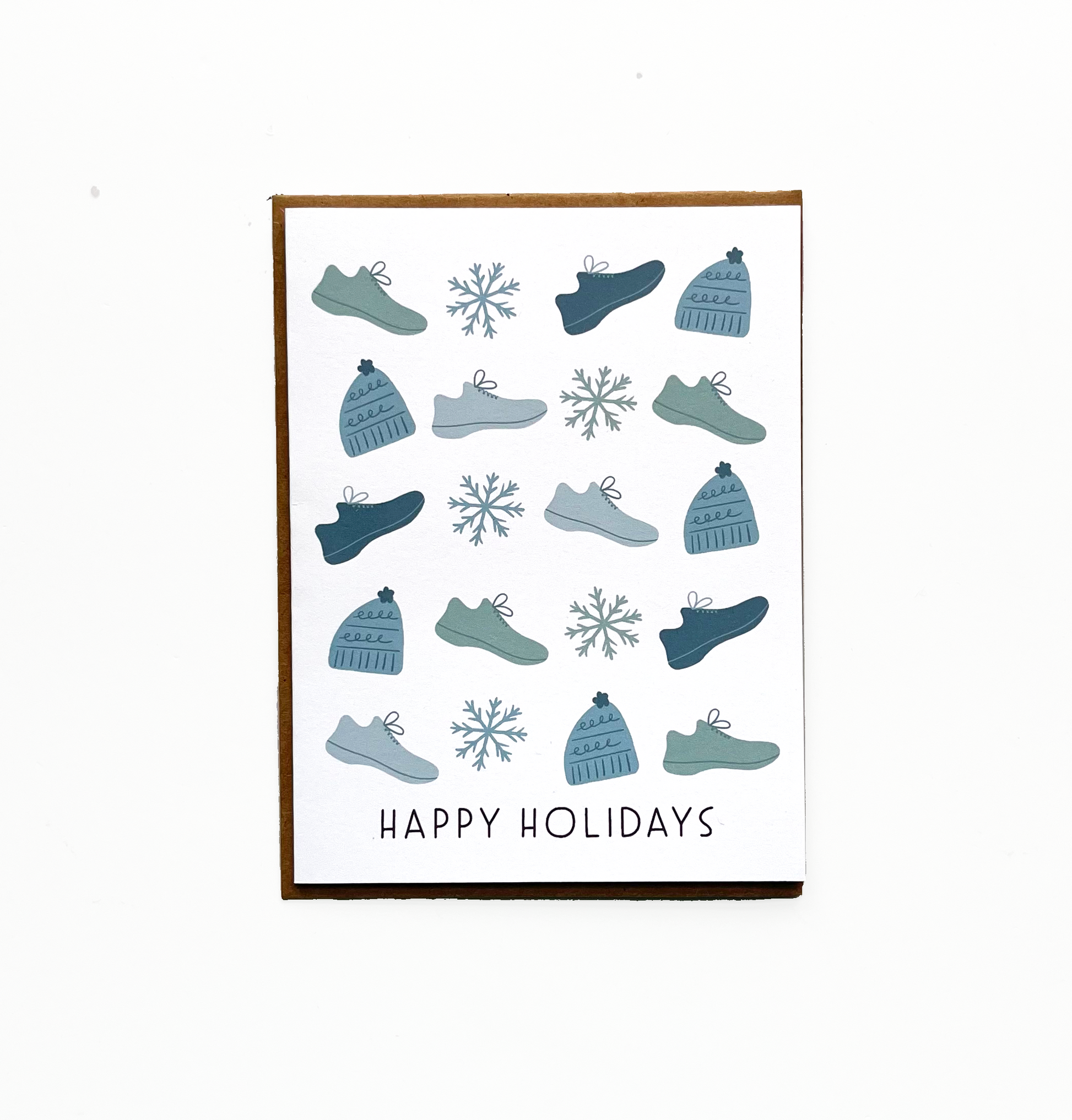 Happy holidays text at the bottom with alternating runner shoe, snowflake and hat design in shades of blue