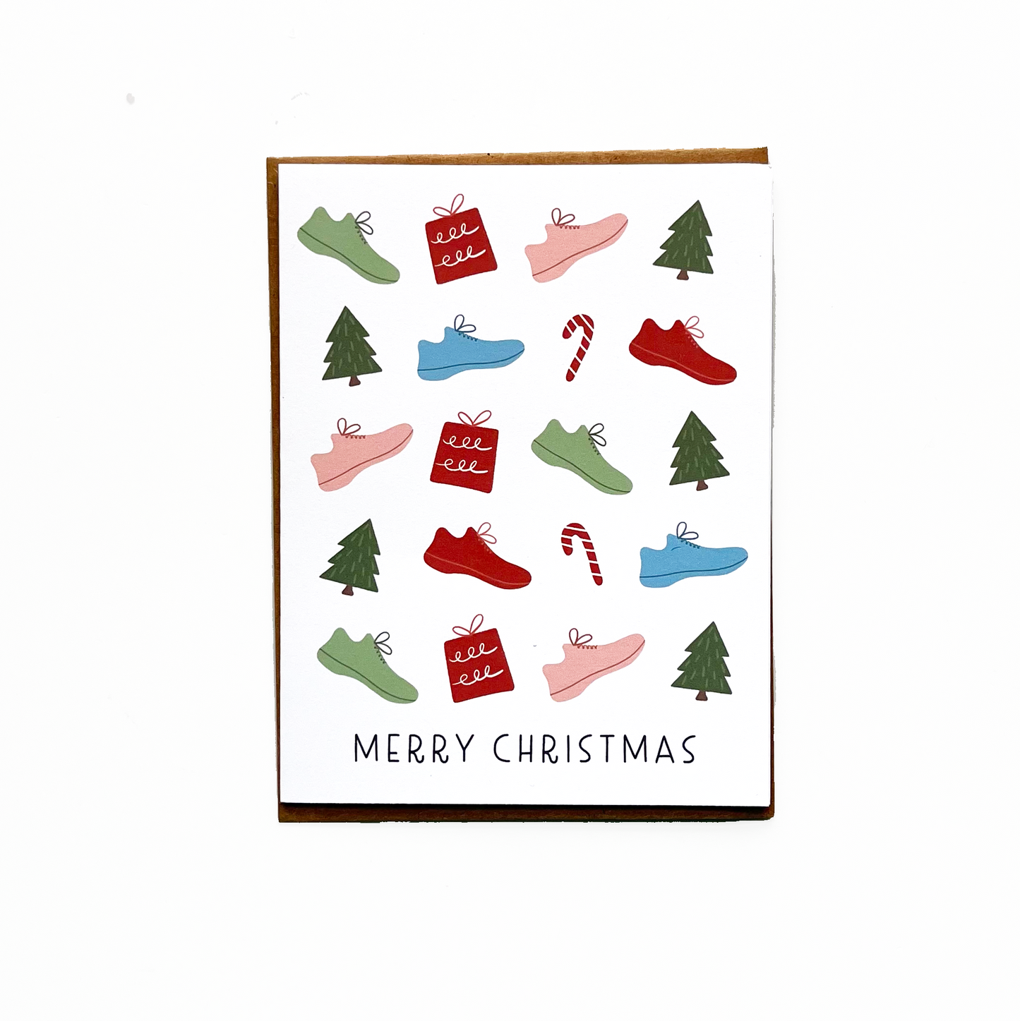 Merry Christmas written on bottom of card with alternating runner shoe, present, tree and candy cane