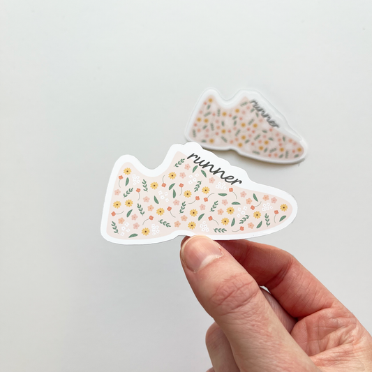 Shoe sticker filled with flowers and leaves of pink and green. The word runner is in the place of the shoe laces