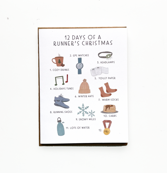 12 days of a runner's christmsa card. 1. Cozy Drinks. 2. GPS Watches. 3. Headlamps. 4. Holiday Drinks. 5. Toilet Paper. 6 Winter Hats. 7 Warm Socks. 8 Running Shoes. 9 Snowy Miles. 10. Carbs. 11. Lots of Water. 12. PRs