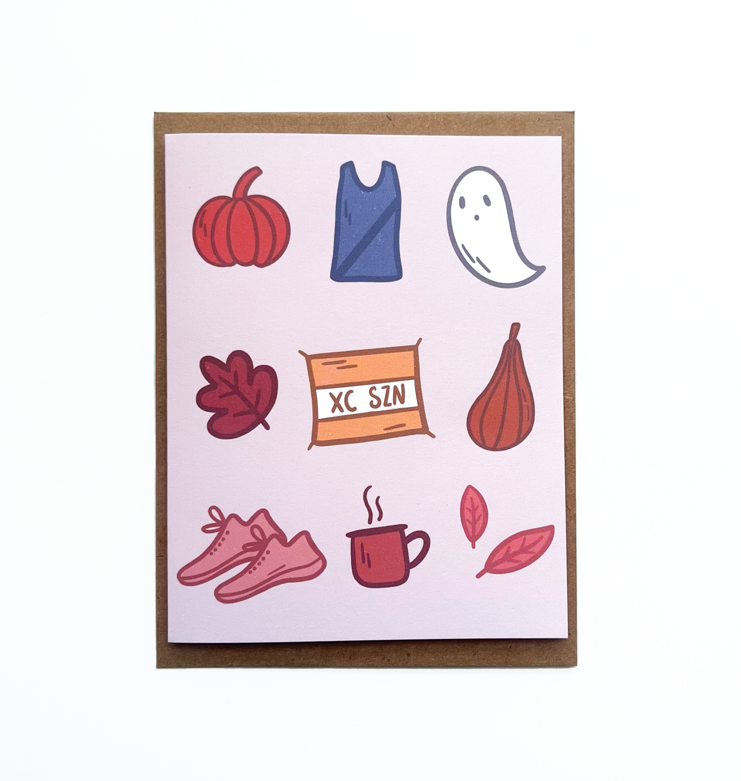 fall xc things cards with pumpkin, singlet, ghost, leaves, shoes, mug and bib