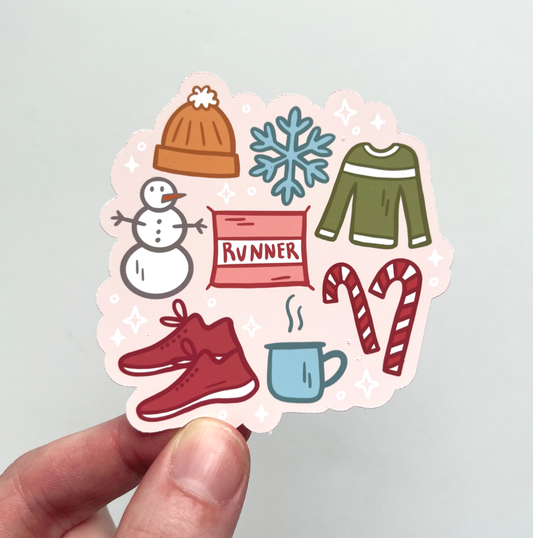 runner sticker with winter hat, snowflake, snowman, runner bib, sweater, running shoes, mug and candy canes